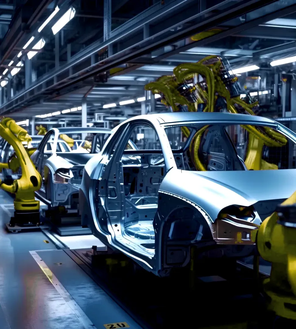 Vollautomatisierte Produktionslinie mit Industrierobotern in der Automobilindustrie